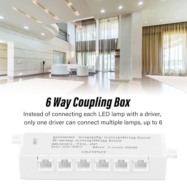 6-vägs kopplingsbox XH2.5-port 48W 5-48V Plug and Play-strömförsörjningsfördelningsdosa för LED-ljus