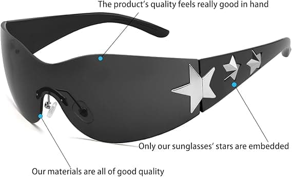 Rammeløse Y2K Solbriller Stjerne Wrap Around Briller Tilbehør til Kvinder Mænd Trendy Mode Cool Shield Shades