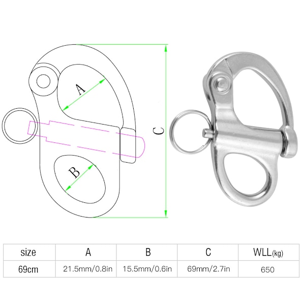 16*69mm Rustfrit stål fast snap-lås hurtigudløser med rund ring
