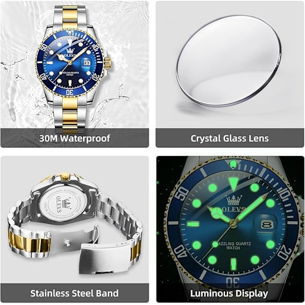 OLEVS Herreure Sort Blue Dial/Gold Silver Band