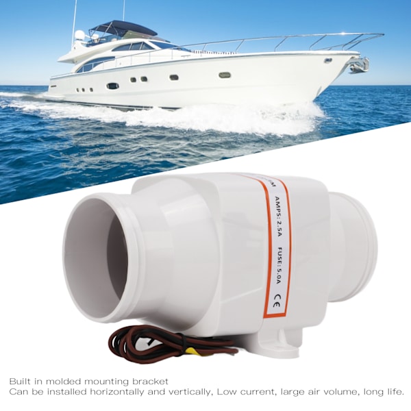 3 tommer 12V 130CFM In Line Blæser Elektrisk Vandtæt Marine Bilge Luftblæser med 4 Blade Fan til Båd Marine