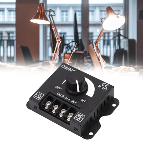 LED-dimmer, enkelkanals PWM-belysning, stegløs dimmekontroller for 5050 3528 enfarget lysstrimler DC 12V‑24V 30A