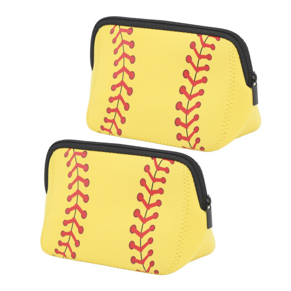 2PCS Baseball Print Makeup Bag Baseball Cosmetic Bag Neoprene Waterproof Zipper Compact Makeup Bag Yellow