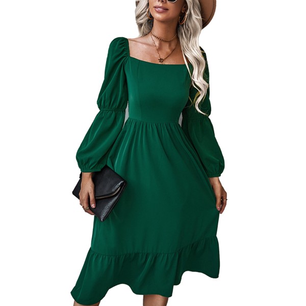 Kvinners lanterne ermer kjole firkantet hals elastisk rygg volang søm ren farge A-linje casual flytende kjole grønn XL