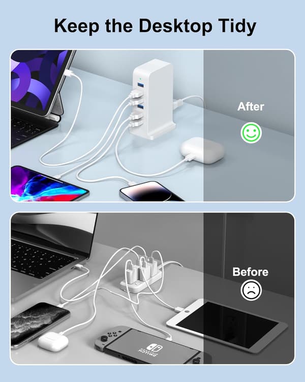 USB-ladestasjon for flere enheter 25W USB-laderblokk 6 porter ladehub multilader hvit