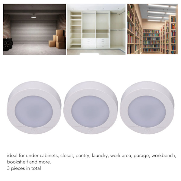 3 st LED-skåpsbelysning med touch-kontroll, batteridriven, superljus under skåpsbelysning för hem, kontor, hotell