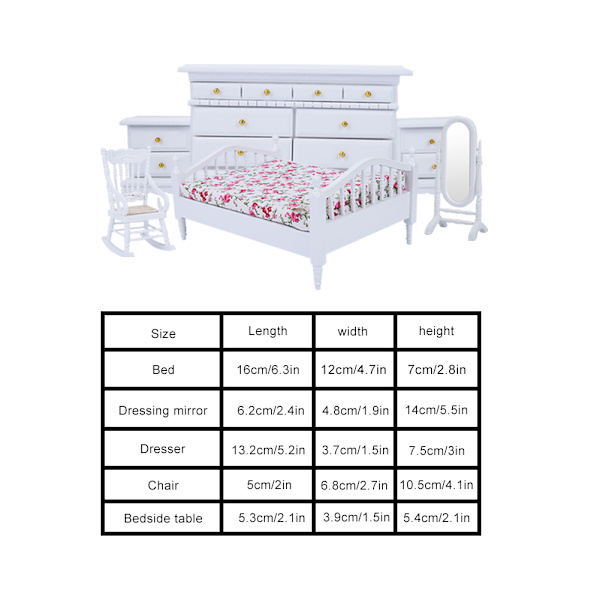 1:12 6 kpl:n miniatyyrinen valkoinen makuuhuonekaluste setti nukketalolle