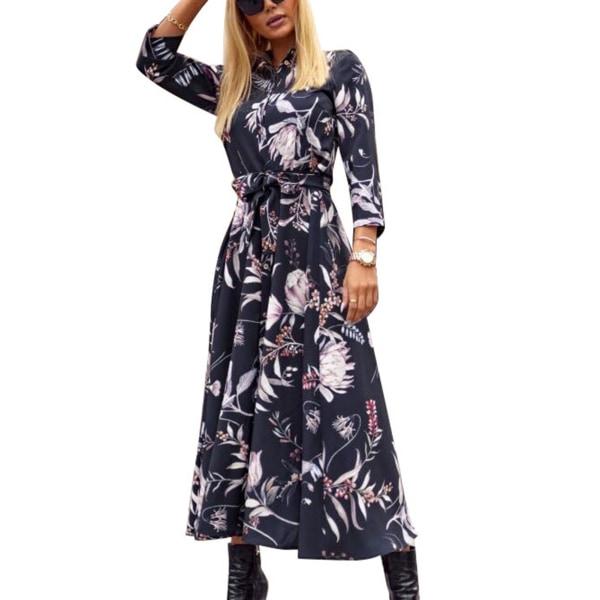 Dress Long Sleeve Floral Print Button Down Tie Strappy Ankle Length Fashionable Maxi Dress for Lady Black Floral S
