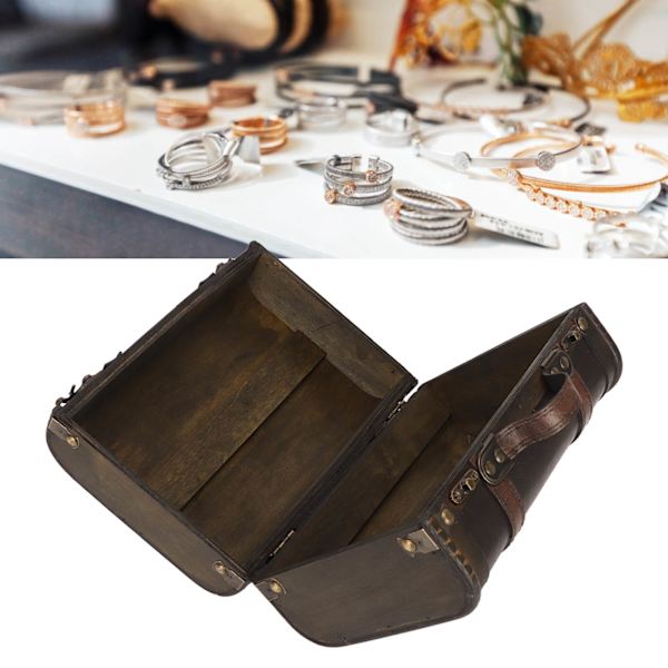 Retro Trä Resväska Hemmafest Konstläder Smycken Halsband Förvaringslåda Dekoration Svart Brun