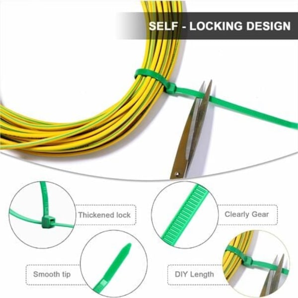 Slangeklemme 200 x 5 mm Plast, Nylonbånd 5 x 200 Mm, Elektriker Grønn Kabelklemme, 100 Stykker
