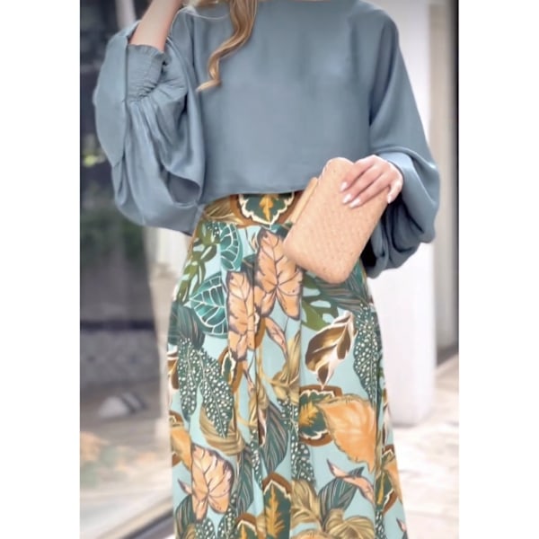 Kvinder Casual 2-delt Outfit Lang Puff Ærme Rund Hals Top Bluse Blomster Print Brede Ben Bukser til Kontor Grøn M