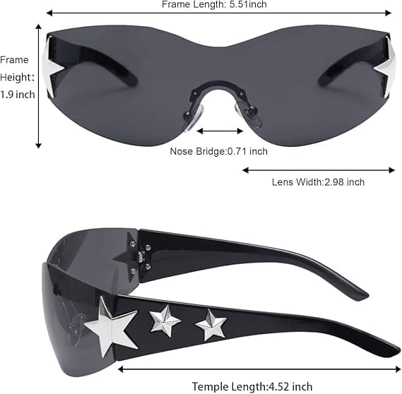 Rammeløse Y2K Solbriller Stjerne Wrap Around Briller Tilbehør til Kvinder Mænd Trendy Mode Cool Shield Shades
