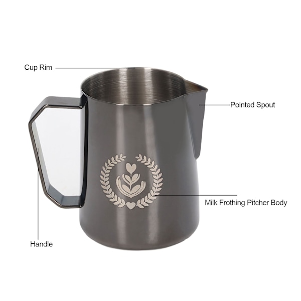 Melkeskummer i rustfritt stål, melkeskummerkanne, blandebeger, kanne for kaffedrikker, 450 ml, svart