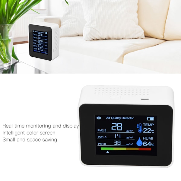 Luftkvalitetsmonitor 8 i 1 Ektetidsfargeskjerm Plassbesparende Mye brukt CO2-detektor for TVOC HCHO PM2.5 PM1.0 PM10 Hvit