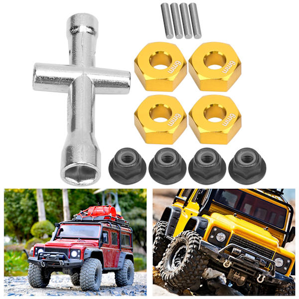 12mm pyörän kuusikulmainen napa-adapteri 6mm paksu M4 laippa lukkomutterit ristiavainsarja 1/10 RC-autolle Kulta