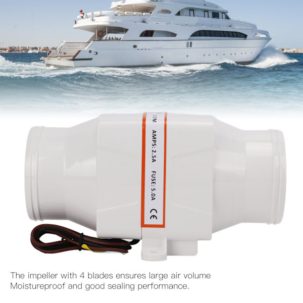 3 tommer 12V 130CFM In Line Blæser Elektrisk Vandtæt Marine Bilge Luftblæser med 4 Blade Fan til Båd Marine