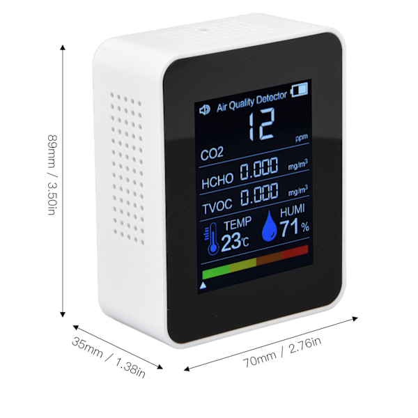 Luftkvalitetsmonitor 8 i 1 Ektetidsfargeskjerm Plassbesparende Mye brukt CO2-detektor for TVOC HCHO PM2.5 PM1.0 PM10 Hvit