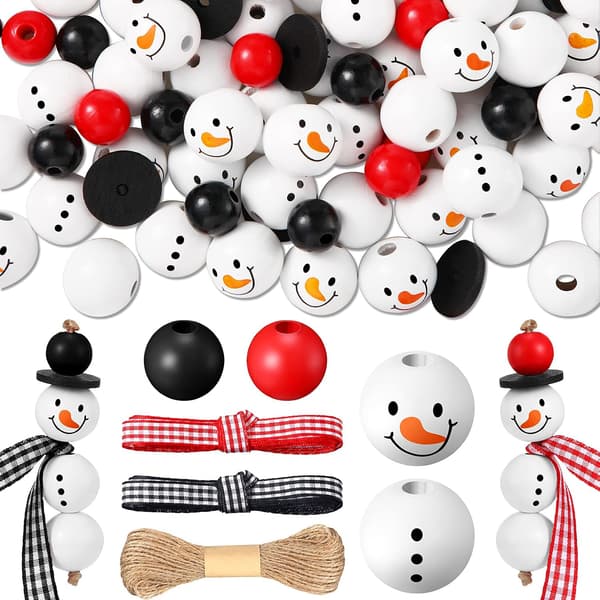 1 set Jul Snögubbe Träpärlor Vinter Träpärlor Träpärlor med DIY Snöre Halsduk Träpärlor för Hantverk