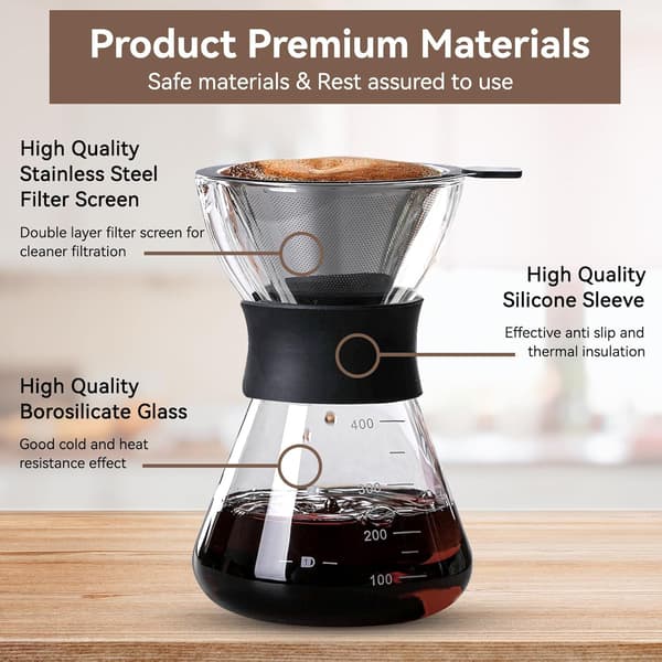 Drypp kaffemaskin med 400 ml glasskanne i rustfritt stål, hell over-filter