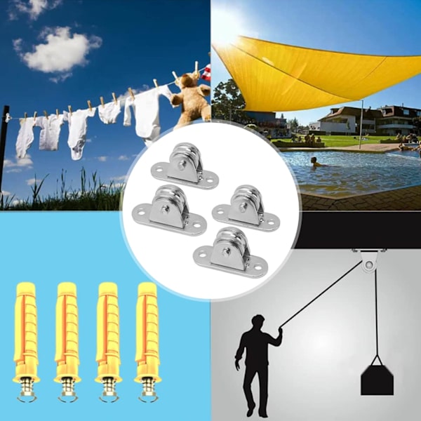 Pieni talja, ruostumaton teräs, hiljainen taljarulla, seinään kiinnitettävä kiinteä talja DIY-laitteille, vaijerikiskolle, liukuportti, 4 kpl