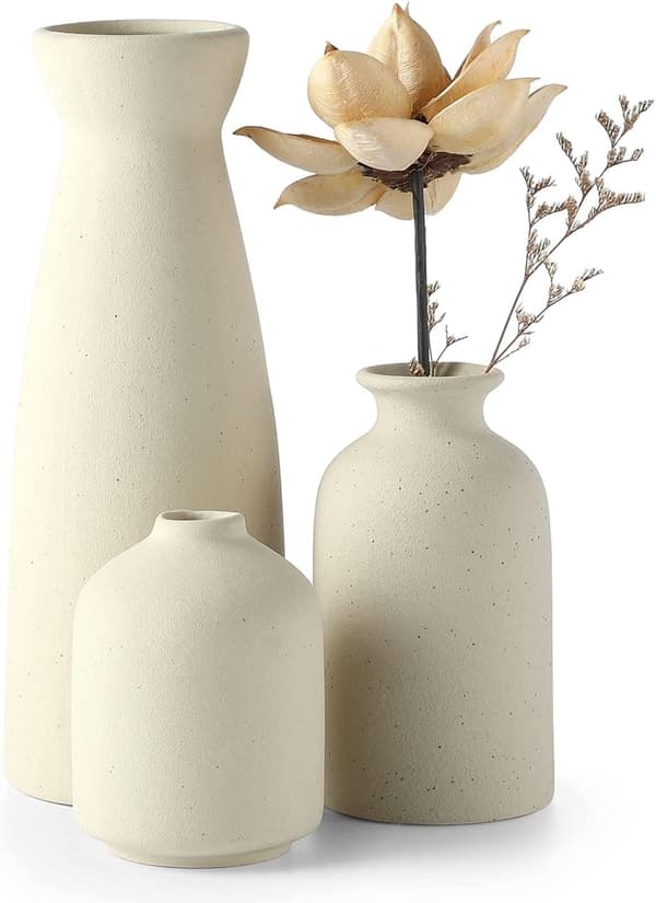 Beige Keramisk Vasesæt 3 Små Blomstervaser til Indretning Moderne Boho Bondegårdsindretning til Pampasgræs