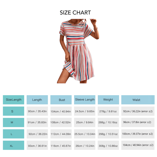 Women Short Sleeve Dress Stripe Printed Round Neck Casual Style Loose Dress for Summer Orange Pink S