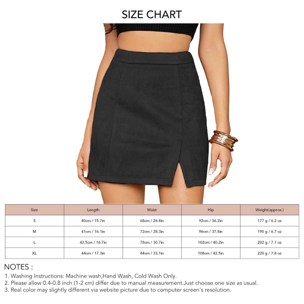 Minikjol för kvinnor med hög midja i fuskmocka med sidodelad Bodycon Short A Line Svart XL
