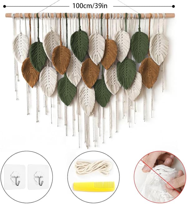 Makrame Väggbonad Stor Gobeläng Vävd Boho Makrame Blad Väggdekoration Fjäder Chic Vävd Konst