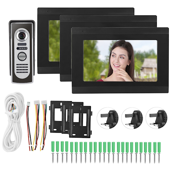 7 tommer 1080P 3 Skærme Video Intercom Trådløs Wifi Dørklokke Nattesyn Dørkamera 100-240VUK