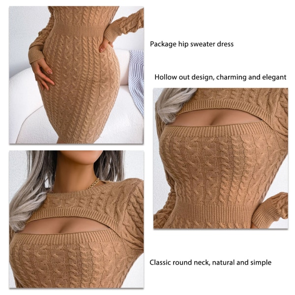 Package Hip Sweater Dress Hollow Out Round Neck Long Sleeve Elastic Knitted Sweater Dress for Women Khaki S