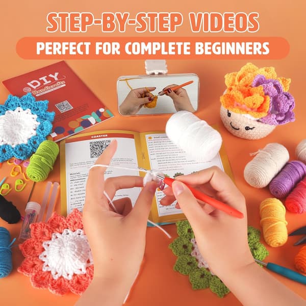 Hæklesæt til begyndere 6 stk. håndlavede bordskånere med 1 urtepotte Hækle-startsæt med hæklenåle og video-tutorials
