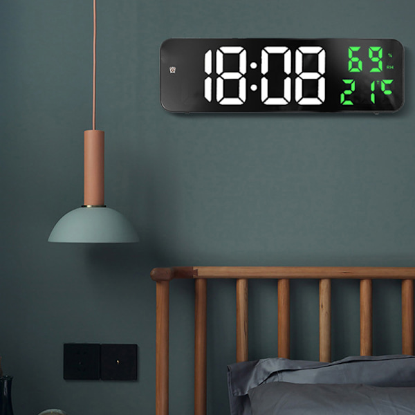 Spegels Stor Digital LED-klocka Hem Elektronisk Väggklocka Stor Skärm Plug in Klocka Vit och Grön
