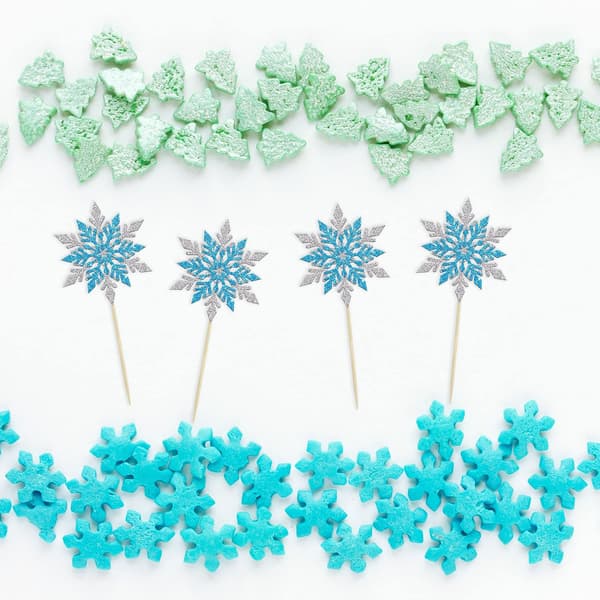 24 stk. snefnug cupcake toppers dobbeltlag sølv blå vintertema cupcake picks til babyshower børnefødselsdag jul