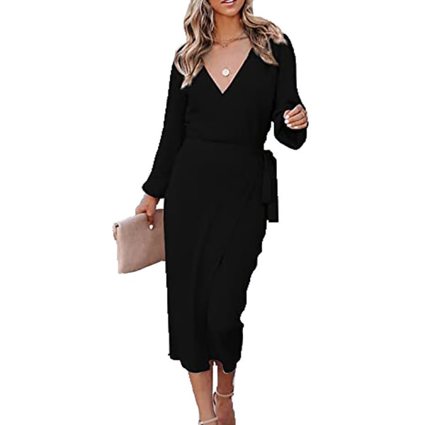 Women's Long Dress Elegant V Neck Long Sleeve Pure Color Slit Hem Knitted Dress with Belt Black S