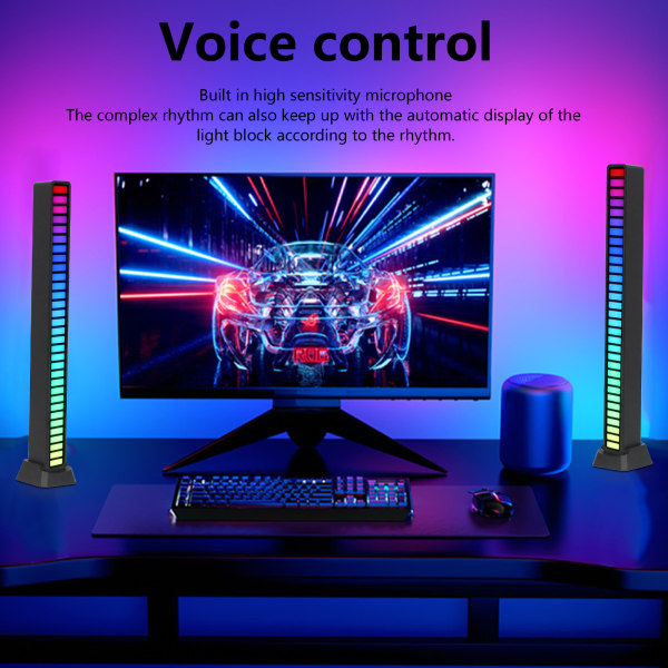 RGB lyslist med stemmestyring, omgivelseslys, musikk, atmosfærelampe, USB, for bil, hjem, studio, svart