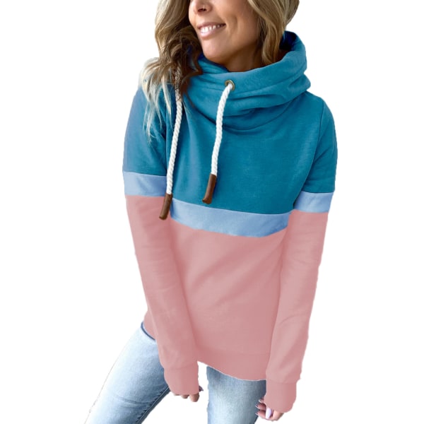 Damtröjor Ren Färgblockering Hög Hals Hoodie Dam Casual Hoodie för Höst Vinter Sjöblå och Rosa S