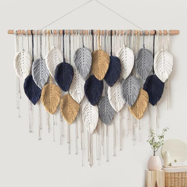 Makrame Väggbonad Stor Gobeläng Vävd Boho Makrame Blad Väggdekoration Fjäder Chic Vävd Konst