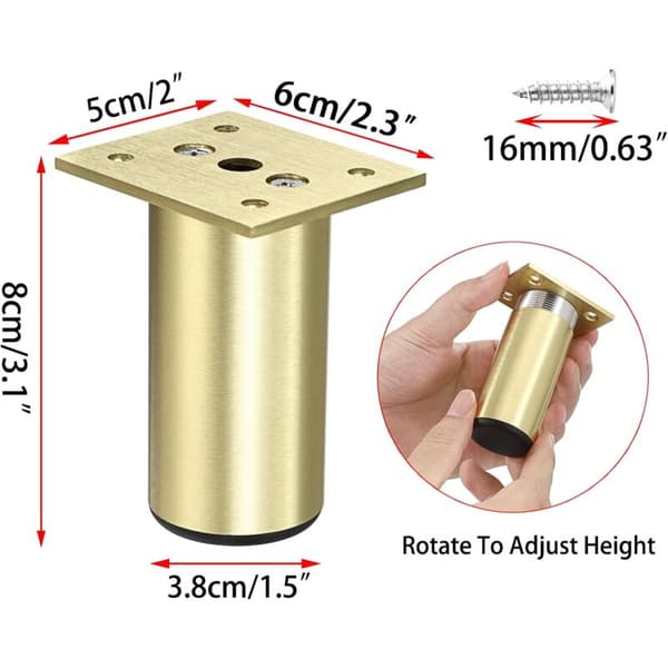 Set med 4 justerbara möbelben i aluminiumlegering, höjd 0-15 mm, 2x2,3 tums bas