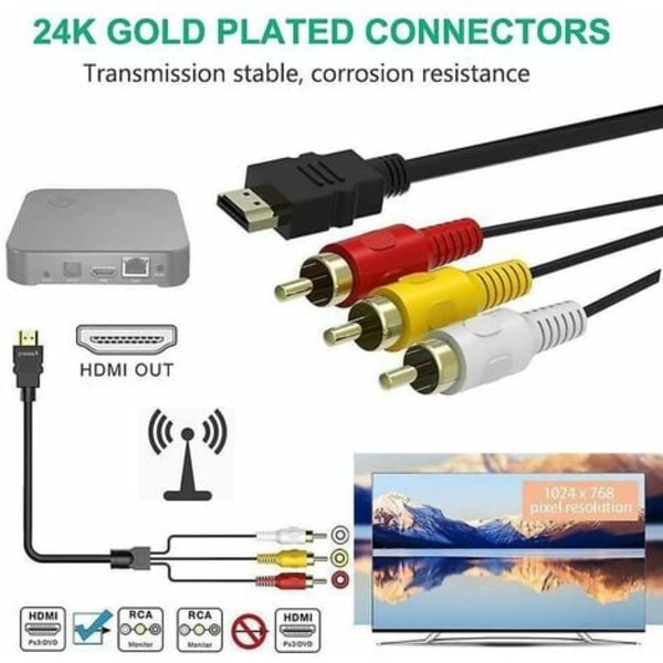 HDMI-RCA-kaapeli, 1080P 5ft HDMI-uros 3 RCA-äänivideo AV-kaapeliliittimeen HDTV DVD-televisioon