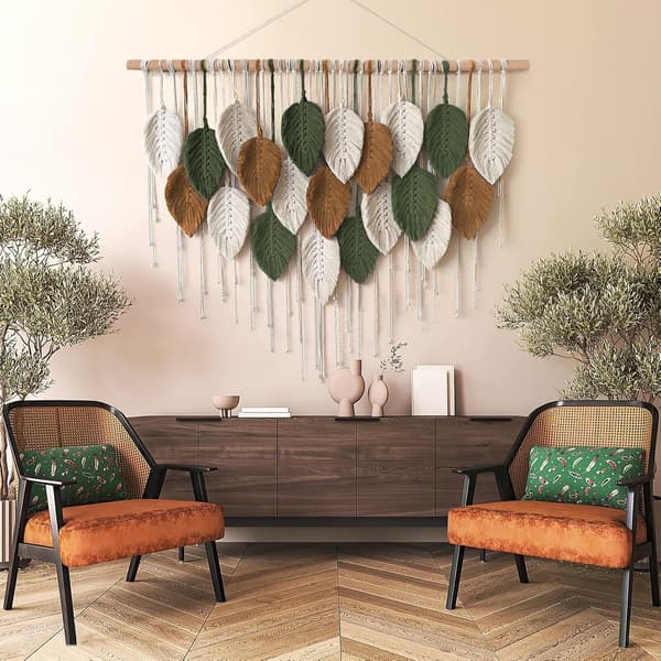 Makrame Väggbonad Stor Gobeläng Vävd Boho Makrame Blad Väggdekoration Fjäder Chic Vävd Konst