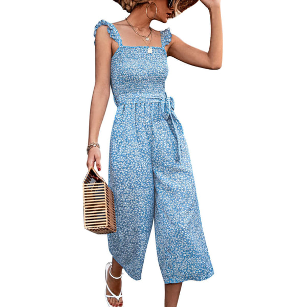 Women Summer Jumpsuits Shirred Waist Belted 2 Pockets Wide Leg Floral Printed Rompers