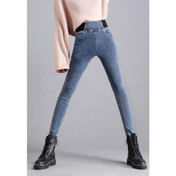 1 STK jeans med elastisk midje for kvinner - blå BLUE 28