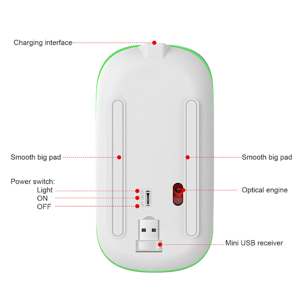 Trådlös Mus 2.4G Uppladdningsbar USB Trådlös Gamingmus med LED Färgglatt Ljus Silver