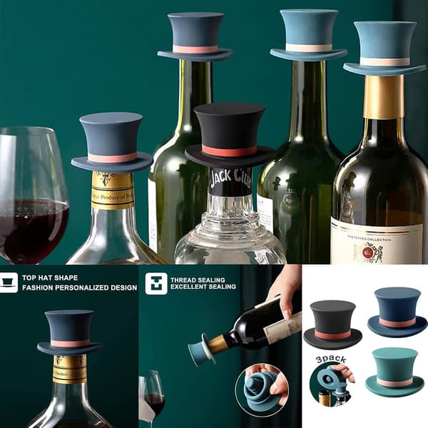 3 stk. vinflaskepropper i silikone, gentlemanhat, sjov vin