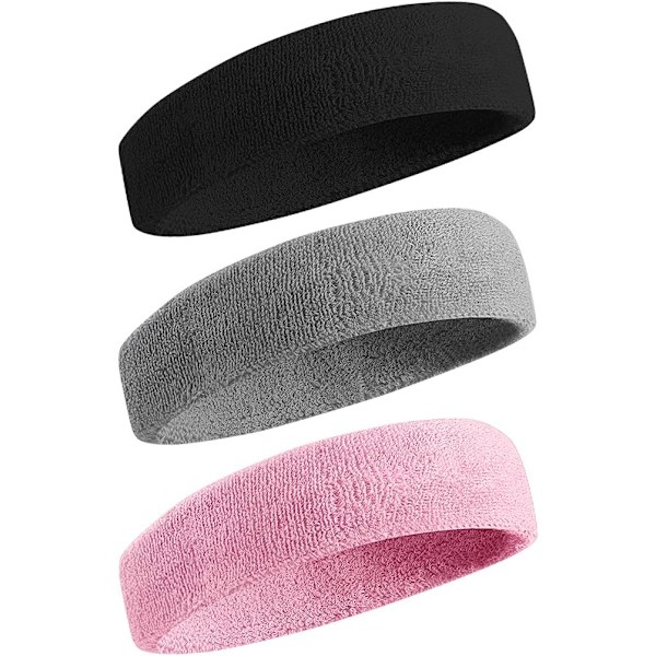 3Pack svettband Sportpannband för män och kvinnor - fuktavledande atletisk bomullsfrotté svettband för tennis, basket, löpning, gym, Black/Gray/Pink