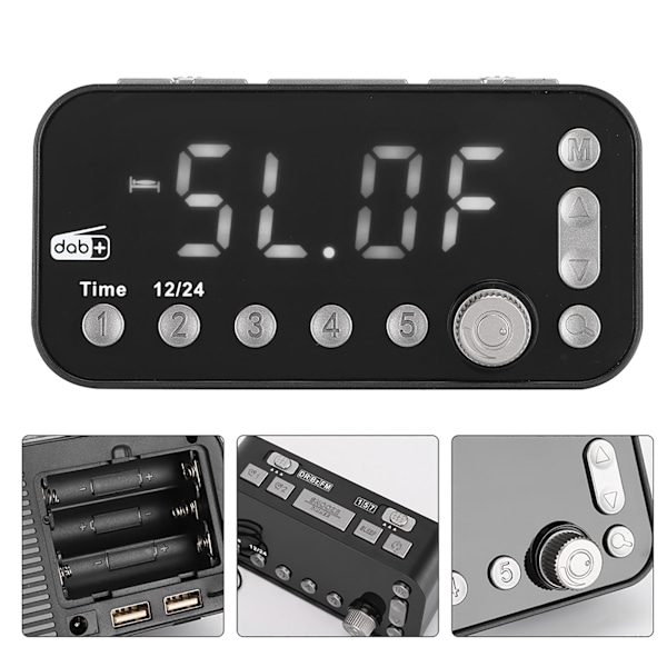 DAB Väckarklocka FM Radio Portabel Musikspelare Svart med LED Stor Display