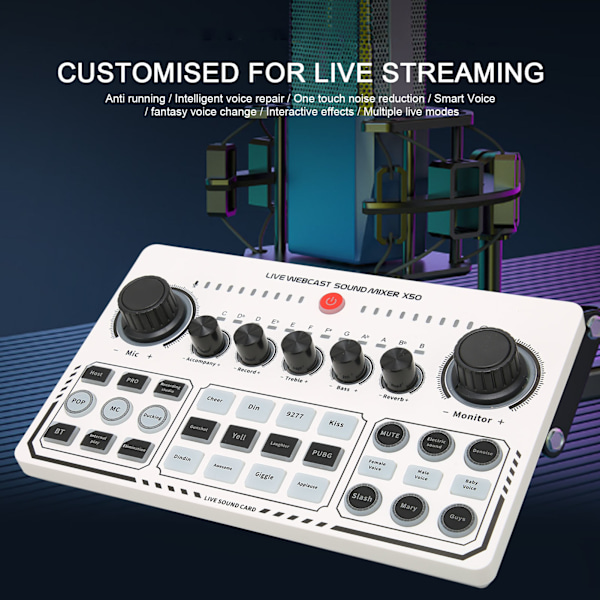 X50 Live Ljudkort 12 Uppvärmningsljudeffekter One Touch Mute USB Externt Ljudkort för Live-sändning