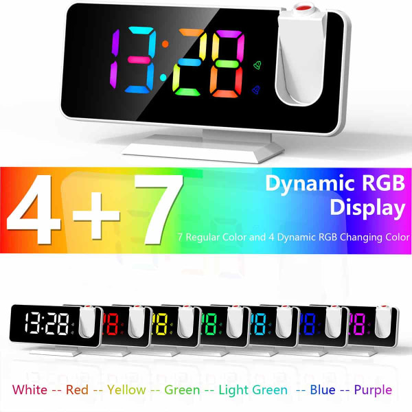 Projektionsväckarklocka för sovrum, RGB färgglad digital klocka med spegelyta, 11 färger, 180° projektor i taket, LED Modern skrivbordsklocka för white