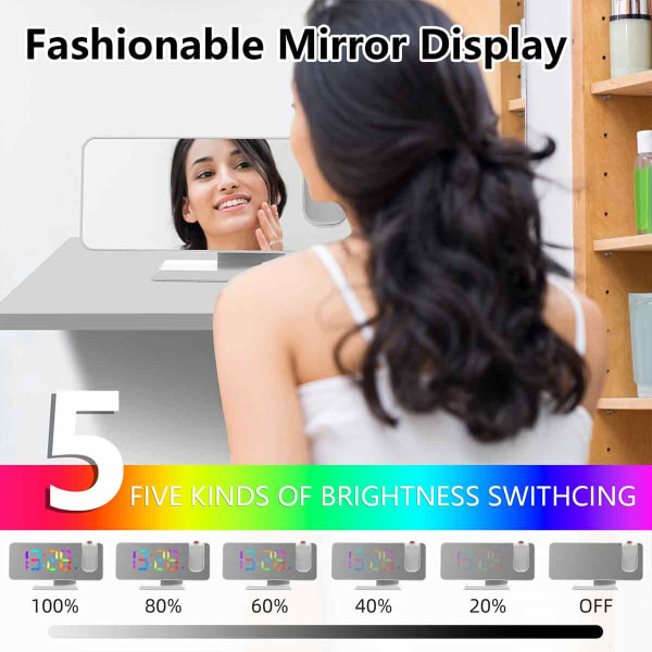 Projektionsväckarklocka för sovrum, RGB färgglad digital klocka med spegelyta, 11 färger, 180° projektor i taket, LED Modern skrivbordsklocka för white