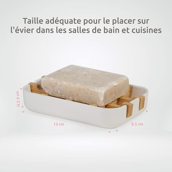 White soap dish in compact format, eco-friendly bamboo, 100% natural, 100% biodegradable, 100% plastic-free, 13 x 8.5 x 2.4 cm